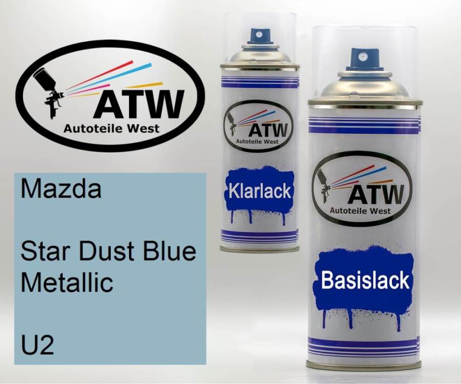 Mazda, Star Dust Blue Metallic, U2: 400ml Sprühdose + 400ml Klarlack - Set, von ATW Autoteile West.
